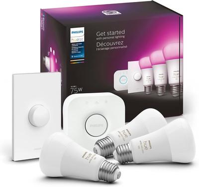 Philips Hue Smart Light Starter Kit with Bridge, Button & 3 A19 LED Bulbs