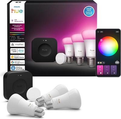 Philips Hue Starter Kit: Bridge Pro + 3 A19 E26 Smart Bulbs + Button, White & Co
