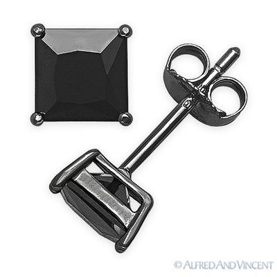 Princess Cut Simulated Black Onyx CZ Crystal .925 Sterling Silver Stud Earrings