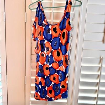 Purple Rain Retro Mod Floral Cold Shoulder Mini Dress Orange Blue Size Large