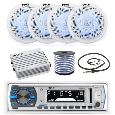 Pyle Single DIN MP3 Bluetooth Marine Receiver, 4x 6.5'' 250W Speakers, Amplifier