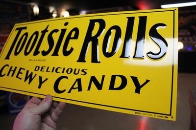 RARE 1950s TOOTSIE ROLLS CHEWY CANDY STOUT EMBOSSED PAINTED METAL DEALER SIGN