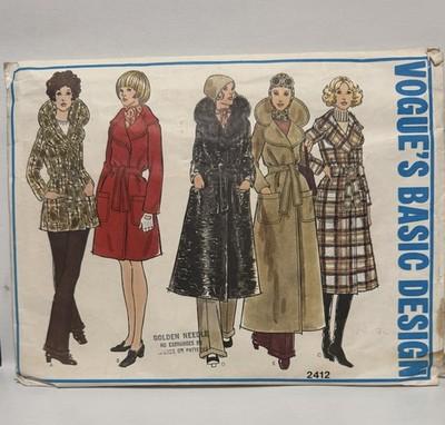 RARE! 1970s #2412 Vogue Vintage Basic Design Misses Coat Sewing Pattern, Size 14