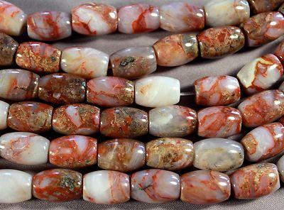 RED AGATE WITH QUARTZ BARREL BEADS 15X10MM 16" STRAND / 28 BEADS