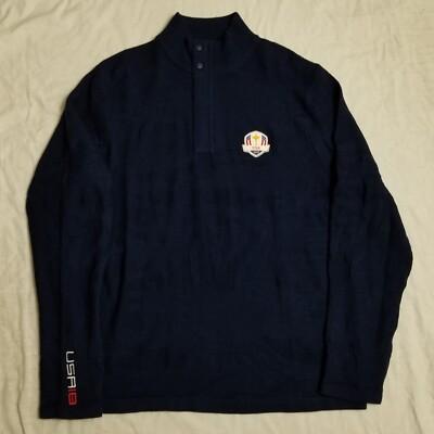 RLX Ralph Lauren 2018 Ryder Cup Sweater Wool Blue Camouflage 1/4 Zip USA Large