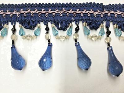(Sold by The Yard) 3 3/4” Tear Drop Beaded Trim Fringe Gimp Top/ Blue Color