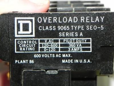 Square D Thermal Overload Relay Class 9065 Type SEO-5 Series A, 600Volts AC max
