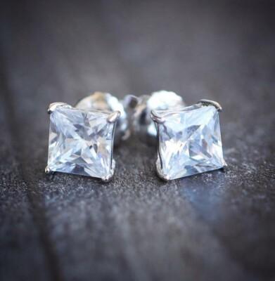Square Princess Cut Solitaire 925 Sterling Silver Cz Screw Post Stud Earrings