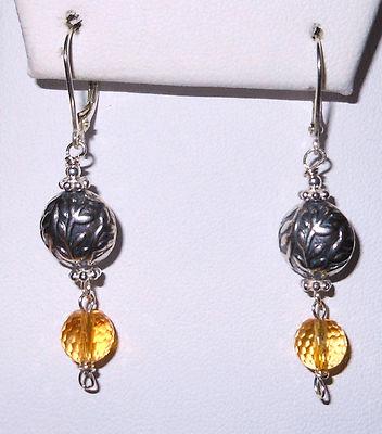 STERLING SILVER .925 NATURAL CITRINE & BALI BEAD EARRINGS LEVER BACK
