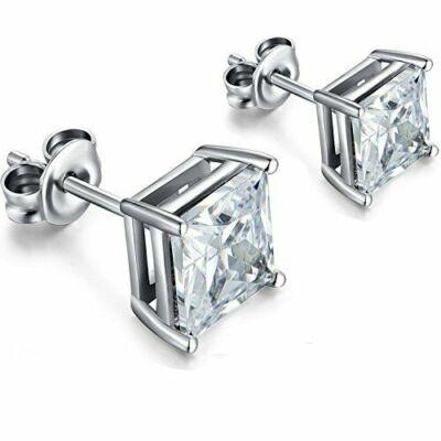 Sterling Silver Princess Cut Stud Earrings Cubic Zirconia 4mm Silver Round CZ
