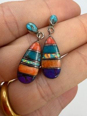 Sterling Silver Teardrop Inlay Earrings Mosaic Dangle Pierced