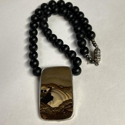 Stunning Southwestern Sterling Silver Picture Jasper Pendant Necklace Signed