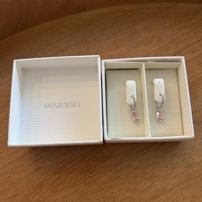 Swarovski Pink Pear Crystal Dangle Drop Hoop Earrings Silver Tone w/ Box