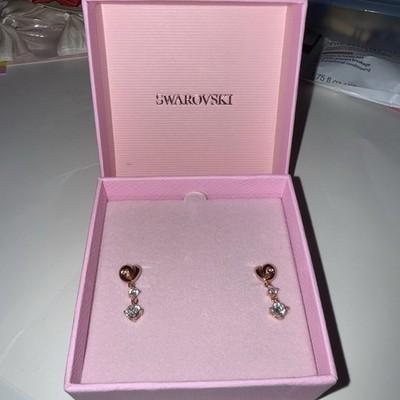 Swarovski Rose Gold Plated Heart Drop Stud Earrings, Clear Crystal, Butterfly