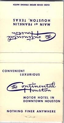 The Continental Houston Motor Hotel TX Vintage Matchbook Cover 4MM20-7