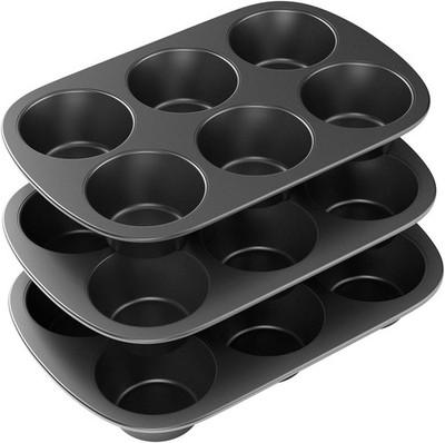 Three-Pack Carbon Steel Nonstick Jumbo Muffin Pans for Baking 6 Cups Each
