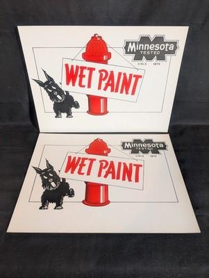 Two (2) Vtg Minnesota Tested Wet Paint Cardboard Signs Black Scotty Dog Hydrant