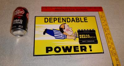 VINTAGE A C DELCO DEPENDABLE BATTERY FRESHY BOY 12" PORCELAIN METAL GAS OIL SIGN