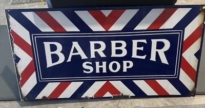 Vintage Barber Shop Porcelain Double Sided Flange Sign All Original 26" X 12"