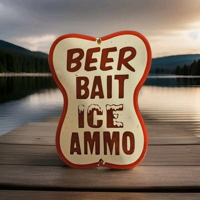 VINTAGE BEER BAIT ICE AMMO PORCELAIN SIGN FISHING DRINKING CAMP GAS OIL 12"X9"