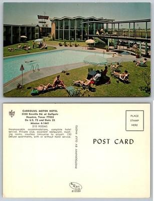 Vintage Carrousel Motor Hotel Houston TX Postcard 1950s Mid-Century Modern Pool