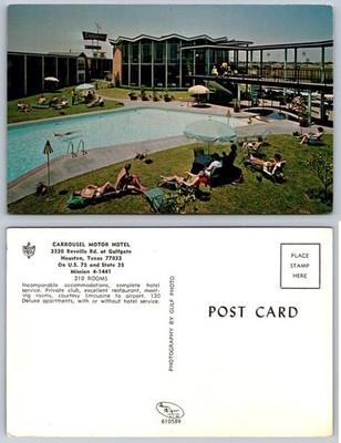Vintage Carrousel Motor Hotel Houston TX Postcard Swimming Pool Mid-Century
