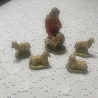 Vintage Chalkware Nativity Set Featuring 1 Shepherd Figure and 4 Sheep