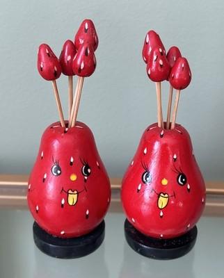 Vintage Cocktail Appetizer Food Picks 8 Picks Wooden Strawberries 🍓 Container