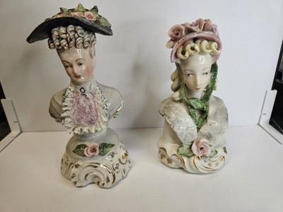 Vintage Cordey Victorian Lady Bust Figurines Pair Applied Flowers Gold Trim