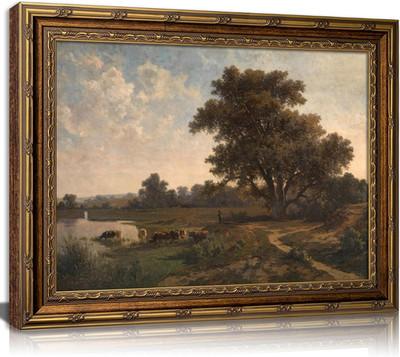 Vintage Gold Framed Landscape Art - Rustic River Scene Canvas Decor