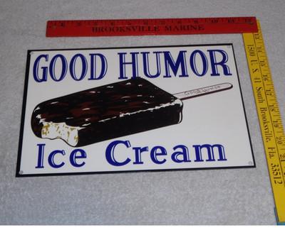VINTAGE "GOOD HUMOR ICE CREAM BAR 12" BAKED METAL TRUCK GASOLINE & OIL FOOD SIGN