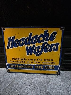 VINTAGE HEADACHE WAFERS PORCELAIN SIGN DOCTORS CURE REMEDY 7"×6"