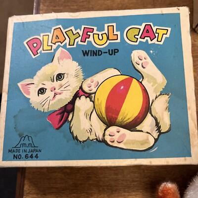 Vintage Japan Wind-Up Playful Pussy White Cat with Tin Ball Toy Works Great