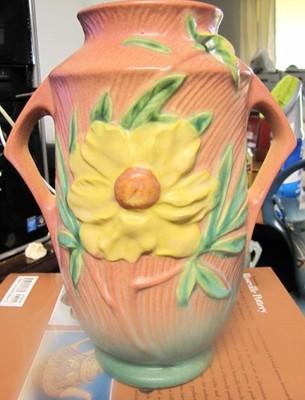 Vintage Original 1930s Roseville Art Pottery Pink Peony Double Handled Vase 65-9