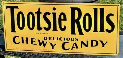 VINTAGE ORIGINAL EMBOSSED TOOTSIE ROLLS CHEWY CANDY METAL TIN SIGN 20x9 INCHES