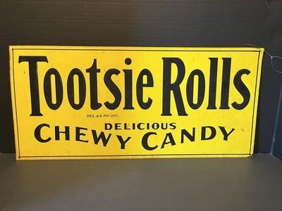 VINTAGE ORIGINAL EMBOSSED TOOTSIE ROLLS CHEWY CANDY METAL TIN SIGN 20x9 INCHES
