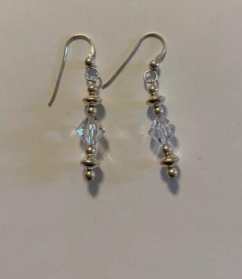 Vintage Sterling Silver Clear Crystal Dangle Pierced Earrings 1 3/4 in