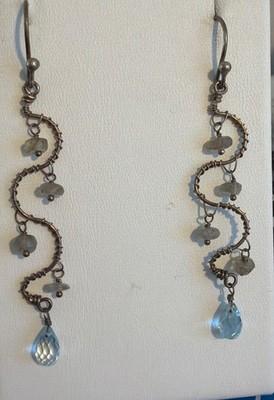Vintage Sterling Silver Spiral Wavy Dangle Earrings Blue Faceted Crystal 2.5"