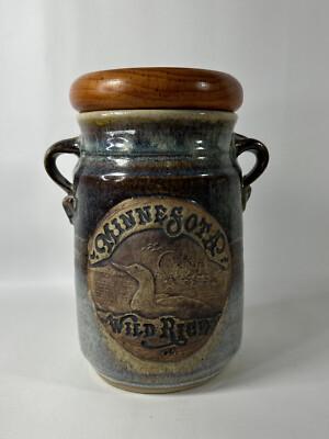 Vintage Wild Rice Blue 8" Pottery Crock Canister Wood Lid Duck Scene Minnesota