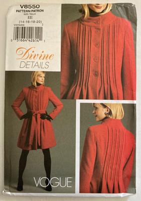 Vogue Pattern 8550 Pleated Knee Length Winter Coat Size 14-20 Uncut FF