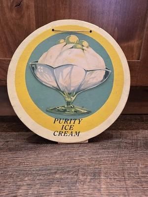 Vtg 1930s Purity Ice Cream Cardboard Sign Unused Easel Back Sundae Soda Fountain