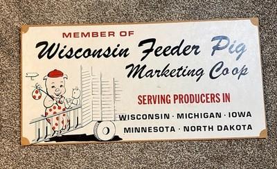 VTG 1960s Wisconsin FEEDER PIG COOP Painted MASONITE SIGN PIG Dakota Minnesota