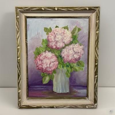 VTG 1967 Pink Hydrangeas Oil Painting Ethel Mclure Framed MCM Floral Signed