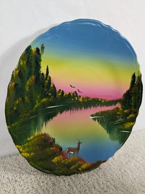 VTG Jake Overbeek Signed Folk Art Original Painting Dinner Plate Leota MN Deer