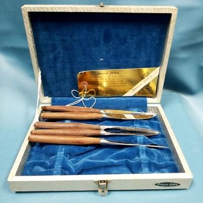 VTG Samurai Cutlery Set 5 Wood Handle Stainless Steak Knives Japan w Silver Case