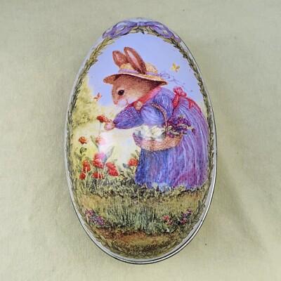 VTG SUSAN WHEELER Tin Litho Easter Egg Candy Container 5”, Rabbit Flowers Box