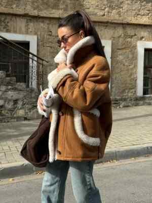 Women Aviator Natural Sheepskin Real Leather Jacket Vintage Thick Fur Brown Coat