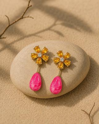 Yellow Crystal Flower Studs with Hot Pink Resin Teardrop Drop Earrings